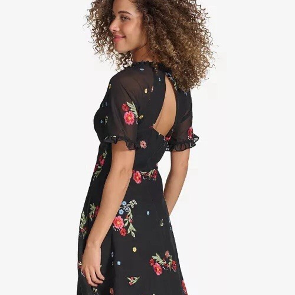 New Kensie Womens Size 2 Black Floral Embroidered Chiffon Back Cutout Dress - Picture 3 of 14